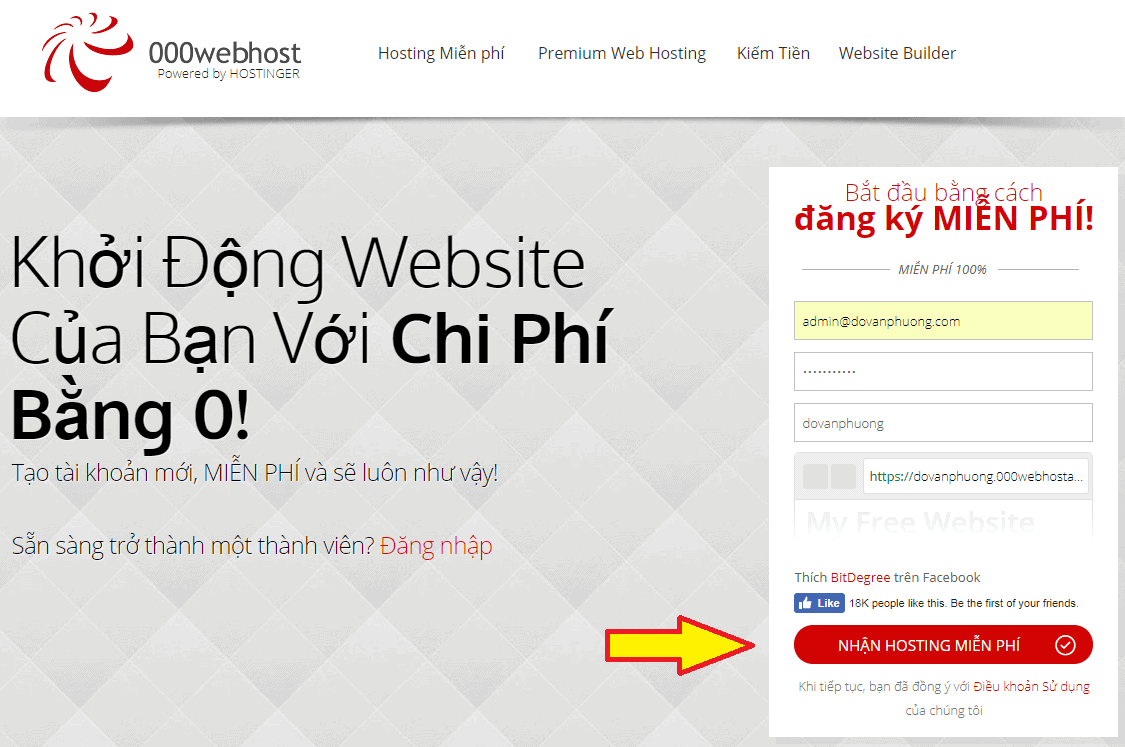 Đăng ký hosting miễn phí tại 000webhost
