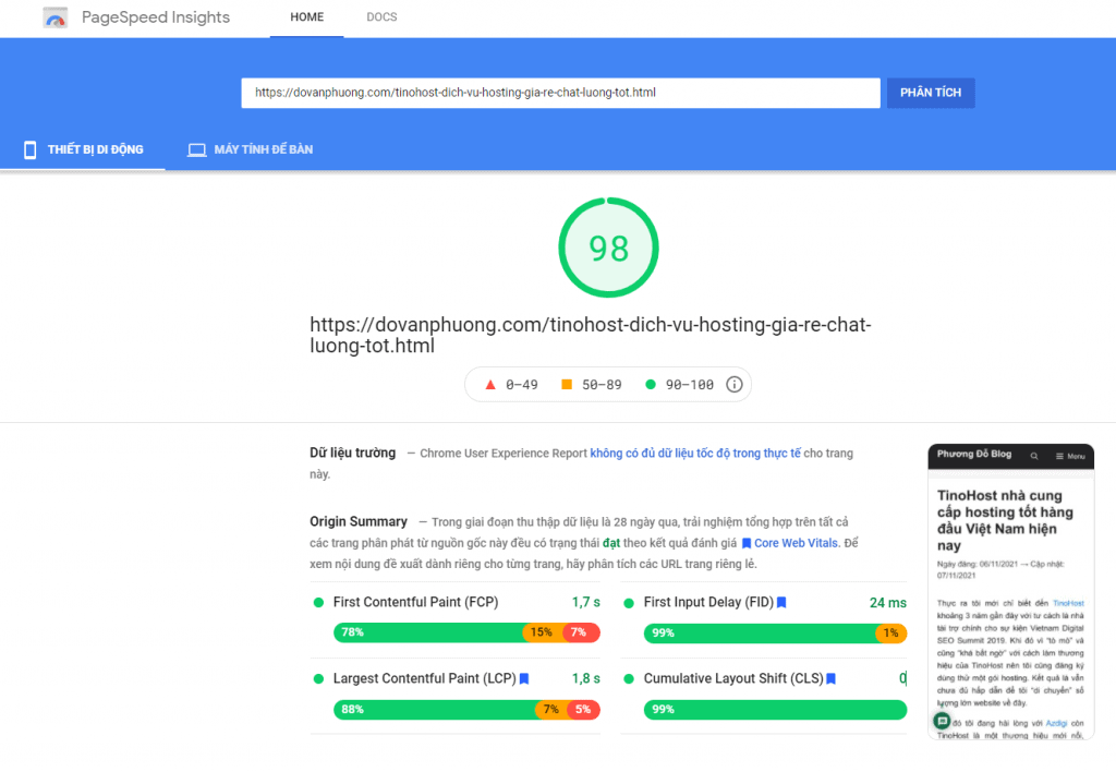 Kiểm tra điểm Pagespeed Insights