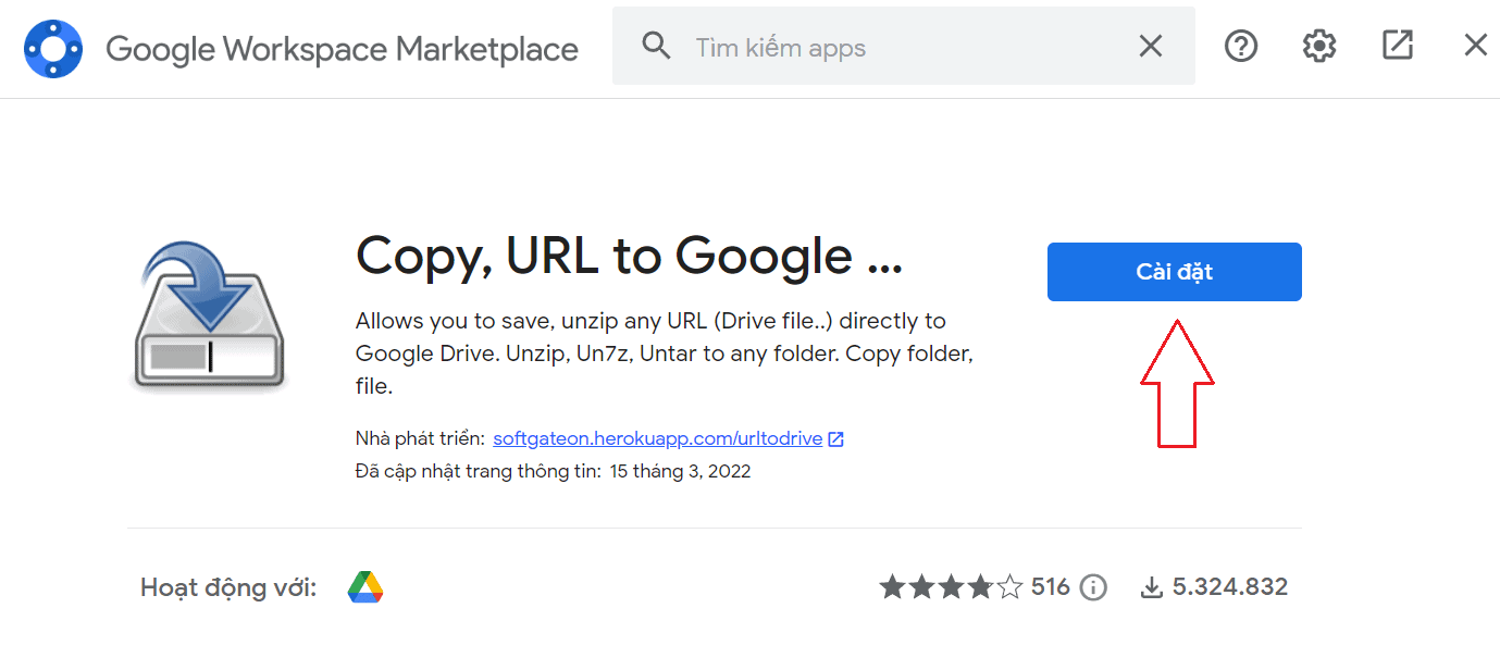 Cài đặt Copy, URL to Google Drive