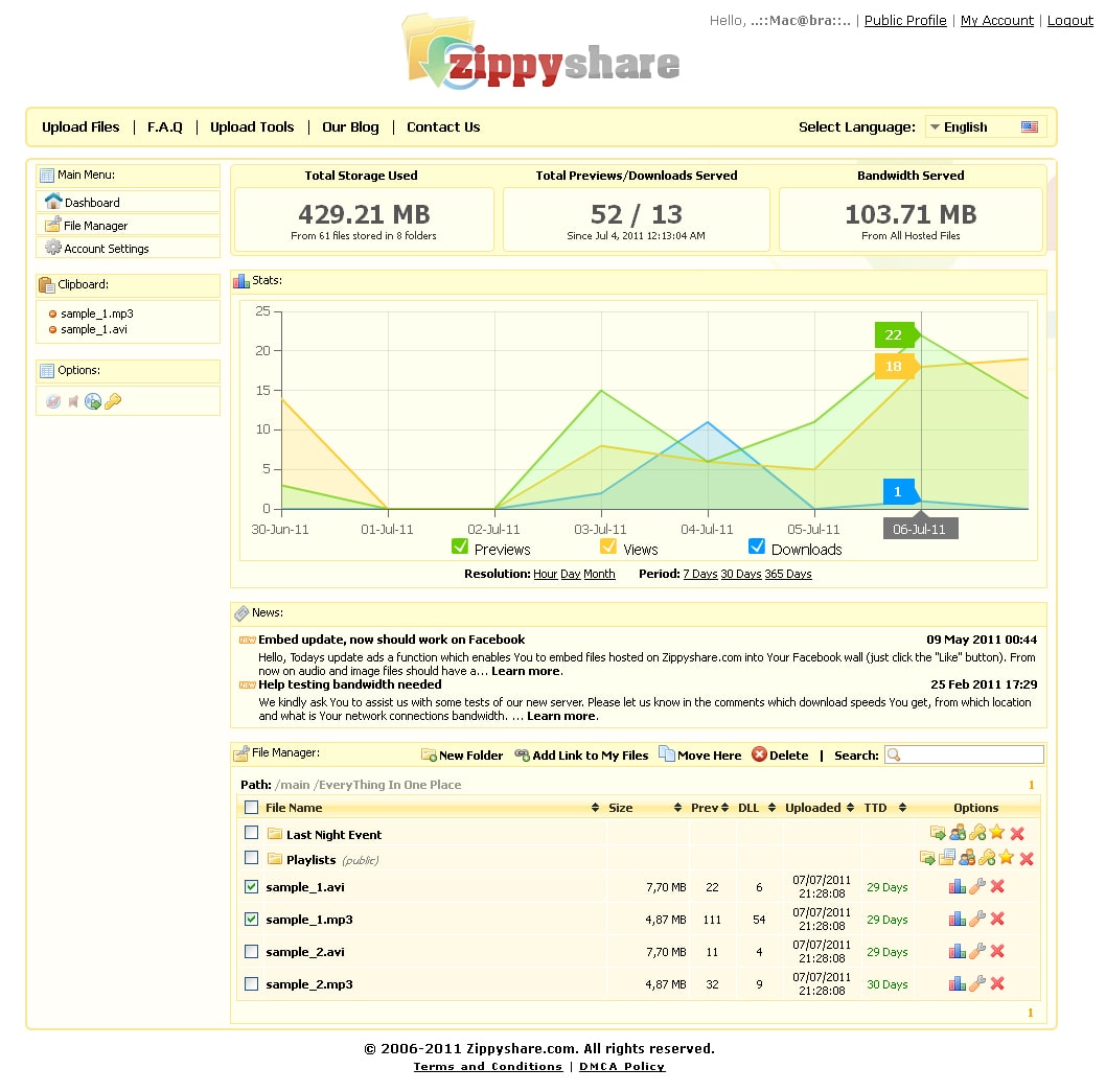 Giao diện quản lý file trên Zippyshare.com